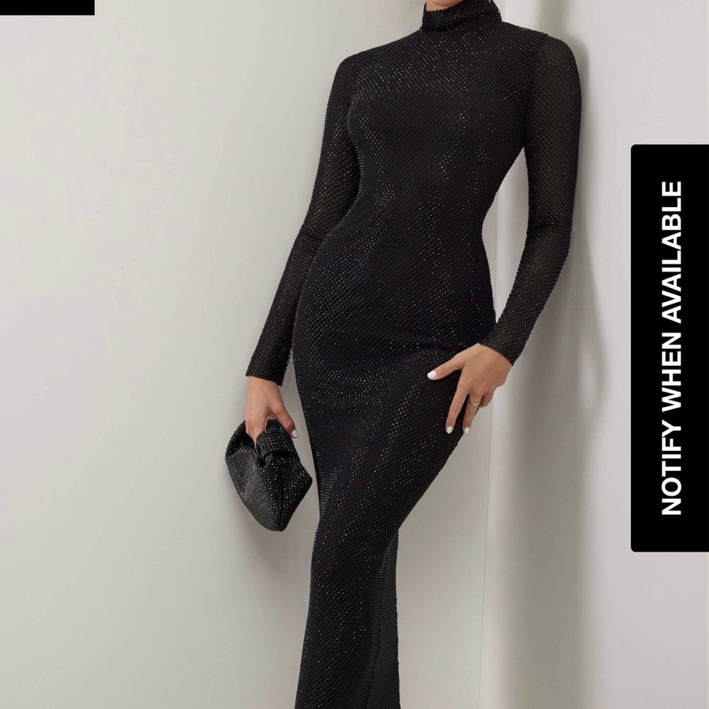 BLACK CRYSTAL EMBELLISHED MESH TURTLENECK LINED MAXI DRESS